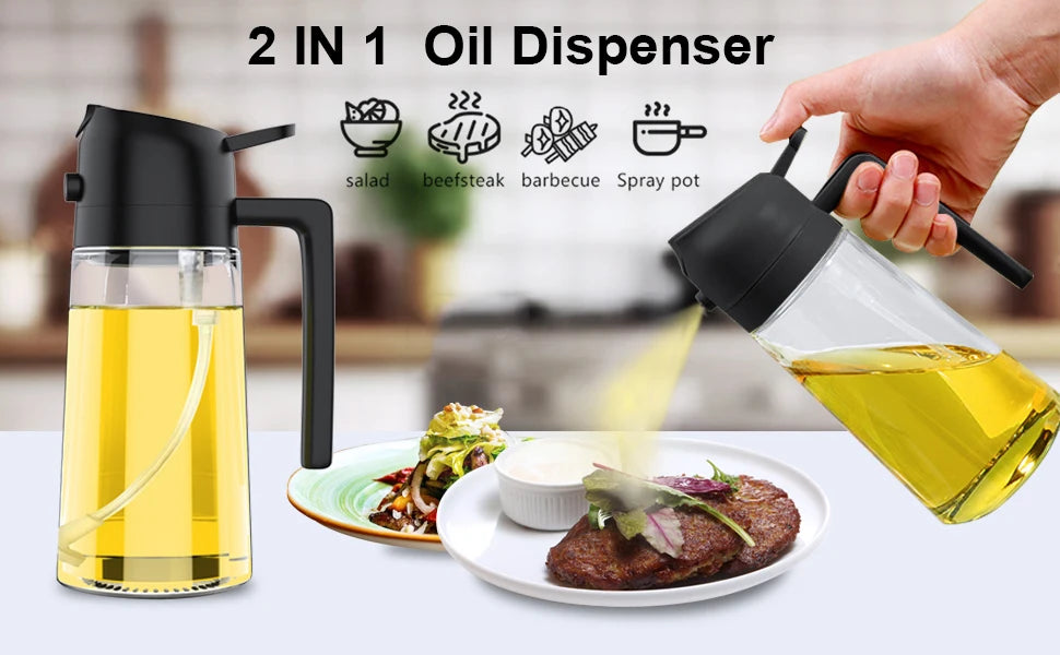 2-in-1 Olive Oil Dispenser Bottle 500ml – Plastic Oil Sprayer for Cooking, BBQ, Baking