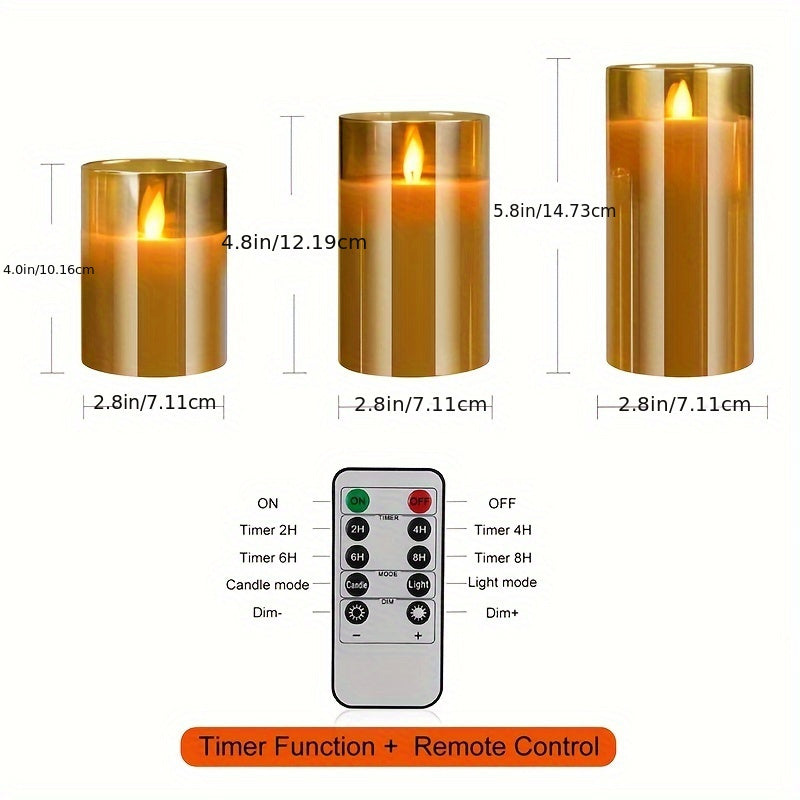 3-Piece LED Candle Set with Remote – Battery-Operated, Polished Metal