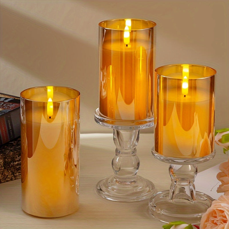 3-Piece LED Candle Set with Remote – Battery-Operated, Polished Metal