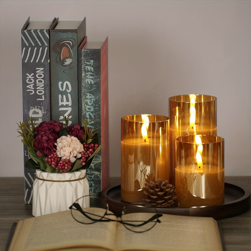 3-Piece LED Candle Set with Remote – Battery-Operated, Polished Metal