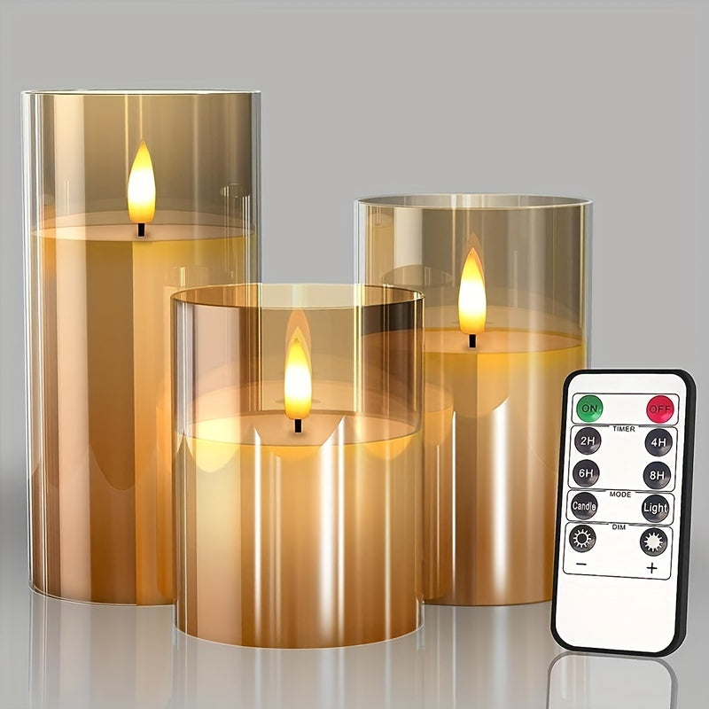 3-Piece LED Candle Set with Remote – Battery-Operated, Polished Metal