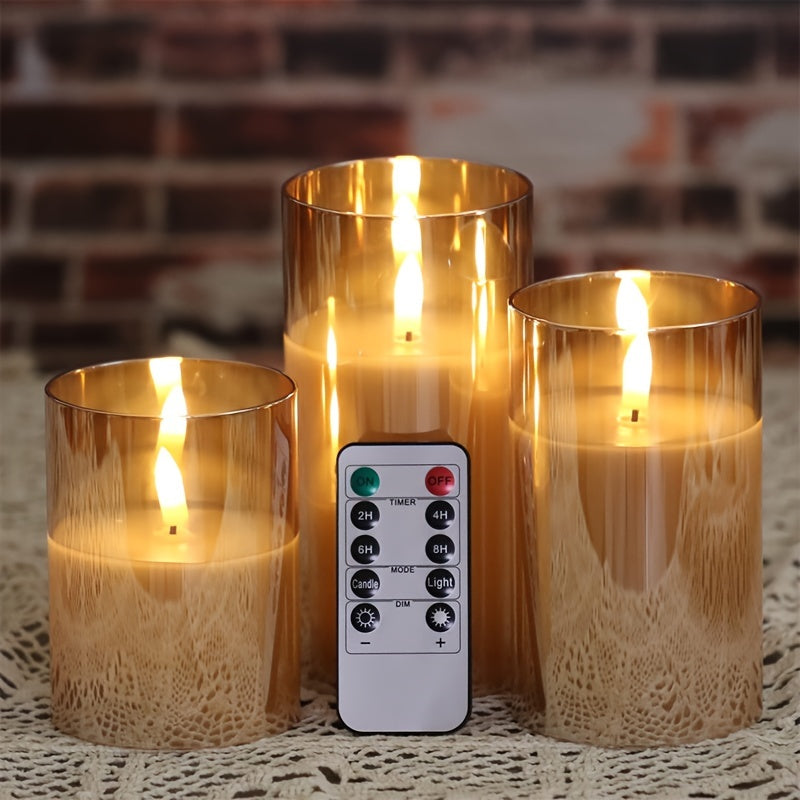 3-Piece LED Candle Set with Remote – Battery-Operated, Polished Metal