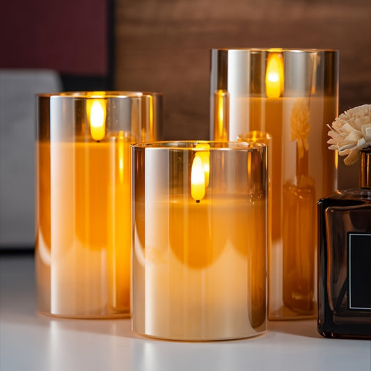 3-Piece LED Candle Set with Remote – Battery-Operated, Polished Metal